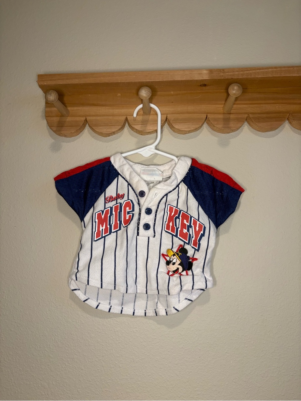 Vintage Disney Baby Mickey Pinstripe Baseball Top in White, Navy & Red